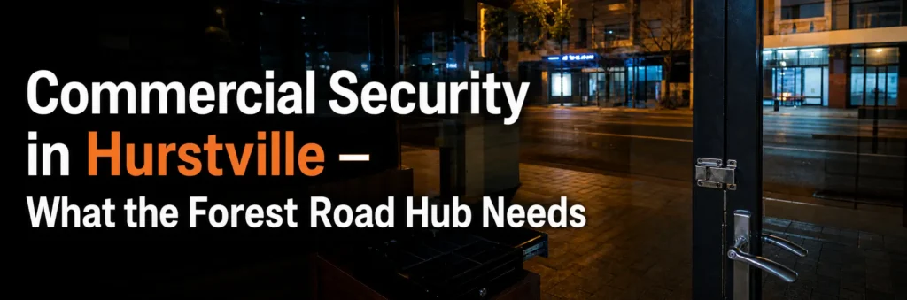 Commercial glass entrance with secure door locks and handles in Hurstville, Sydney, illustrating business security needs.