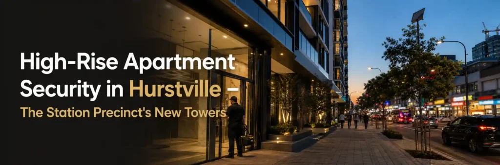 Modern high-rise apartment buildings and busy streets in Hurstville, Sydney, highlighting apartment security needs.