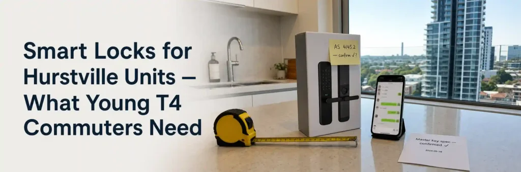 Smart door lock, smartphone, and measuring tape on a modern Hurstville apartment kitchen counter, illustrating smart lock installation considerations.